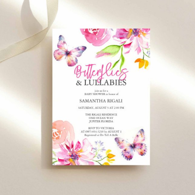 Invitation Fleurs et papillons Baby shower de jardin (Butterfly baby shower invitation features floral and butterflies watercolor art Victoria Grigaliunas)