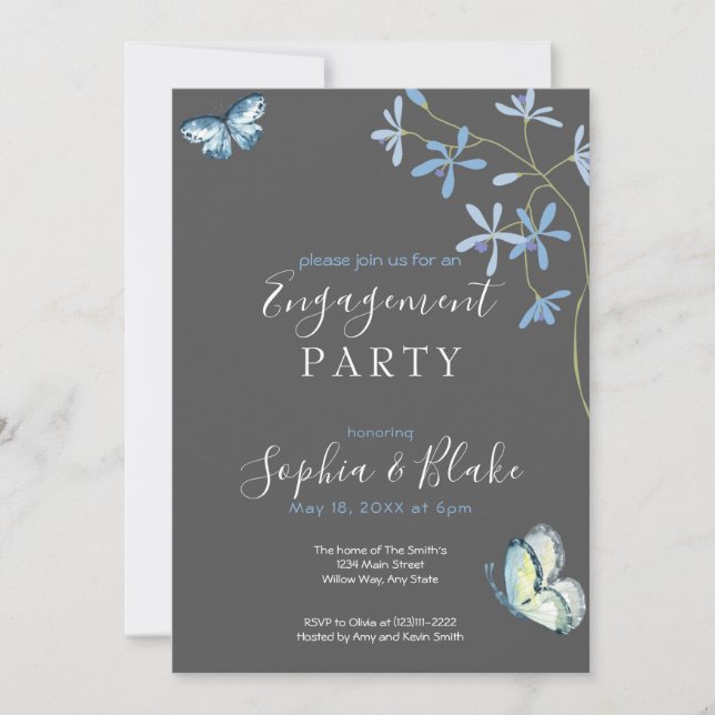Invitation Fleurs et papillons | Gray Engagement Party (Devant)