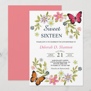 Invitation Fleurs et papillons sweets sixteens
