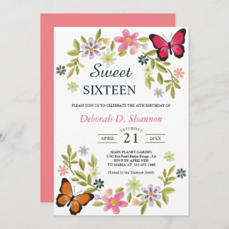 Invitation Fleurs et papillons sweets sixteens