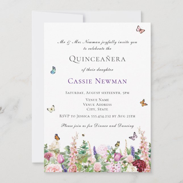 Invitation Fleurs et papillons violets roses | Quinceañera (Devant)