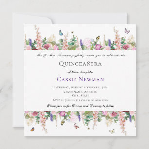 Invitation Fleurs et papillons violets roses   Quinceañera