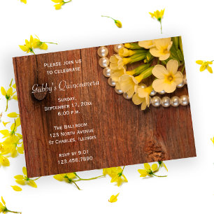 Invitation Fleurs et perles jaunes rustiques Quinceanera