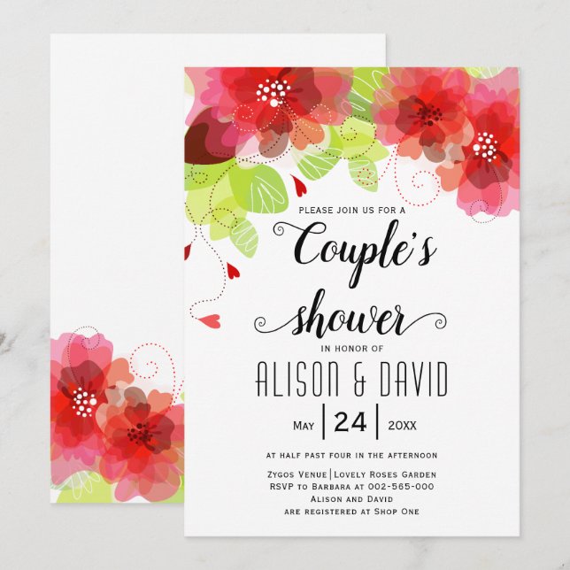 Invitation Fleurs éthérées rouges, roses mariages couples dou (Devant / Derrière)