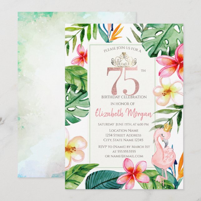 Invitation Fleurs Feuilles de palme tropicale Flamant rose ro (Devant / Derrière)