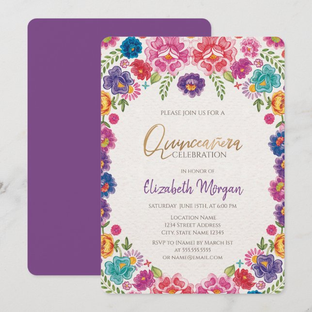 Invitation Fleurs Fiesta mexicaines Quinceañera (Devant / Derrière)