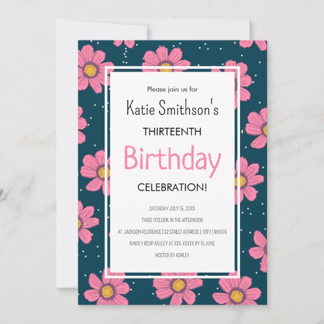 Invitation Fleurs Filles mignonnes Pastel Rose & Bleu Anniver (Devant)