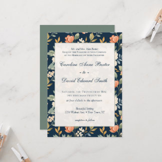 Invitation Fleurs Fleurissant Fleurs Sauvages sur Fond Bleu M