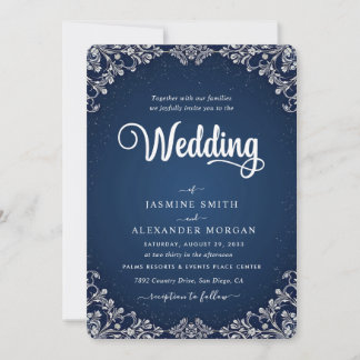 Invitation Fleurs Florales Bleu Marine Mariage Simple