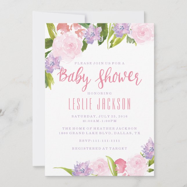 Invitation Fleurs florales d'aquarelle d'invitation de baby (Devant)