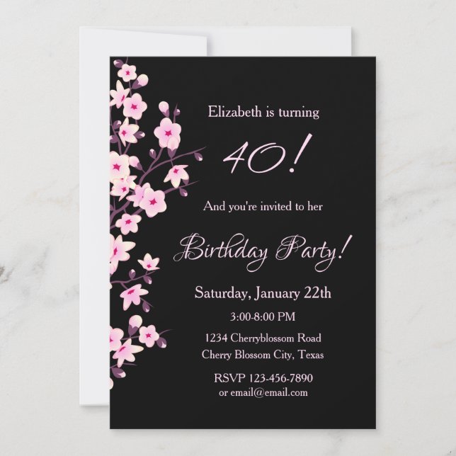 Invitation Fleurs florales de cerisiers rose noir Anniversair (Devant)