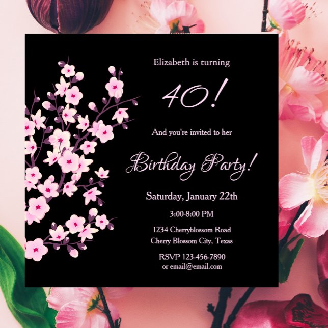 Invitation Fleurs florales de cerisiers rose noir Anniversair (Créateur téléchargé)