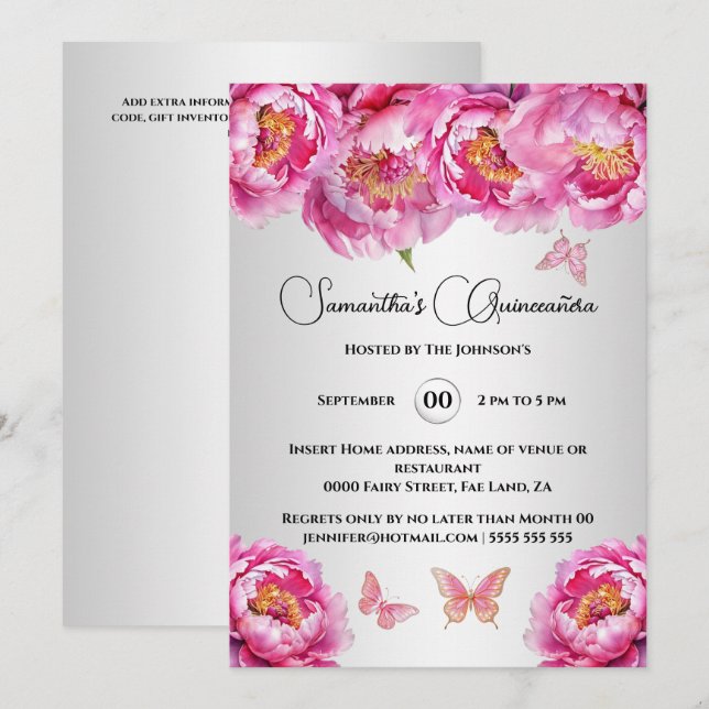 Invitation Fleurs florales de pivoine rose de Quinceañera (Devant / Derrière)