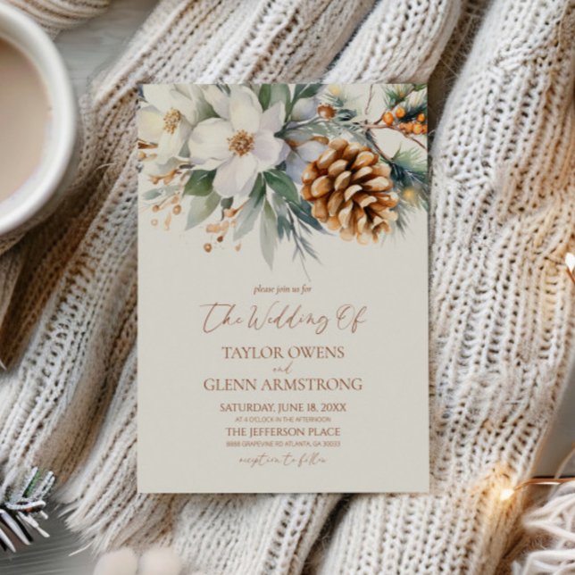 Invitation Fleurs florales hivernales Pine Tree Cone Mariage (Créateur téléchargé)