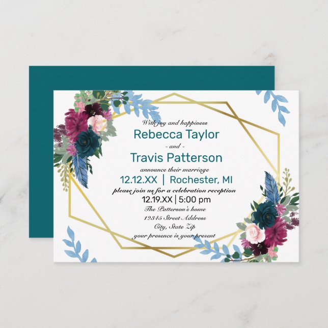 Invitation Fleurs Florales Mod Sarcelle -3x5 Mariage Annonce/ (Devant / Derrière)