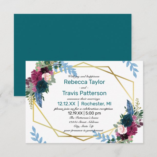 Invitation Fleurs Florales Mod Teal -3x5 Mariage Annonce/Réce (Devant / Derrière)