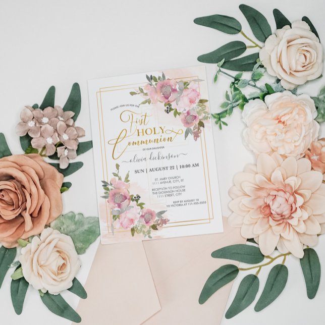 Invitation Fleurs florales rose-rose moderne Première communi (Créateur téléchargé)