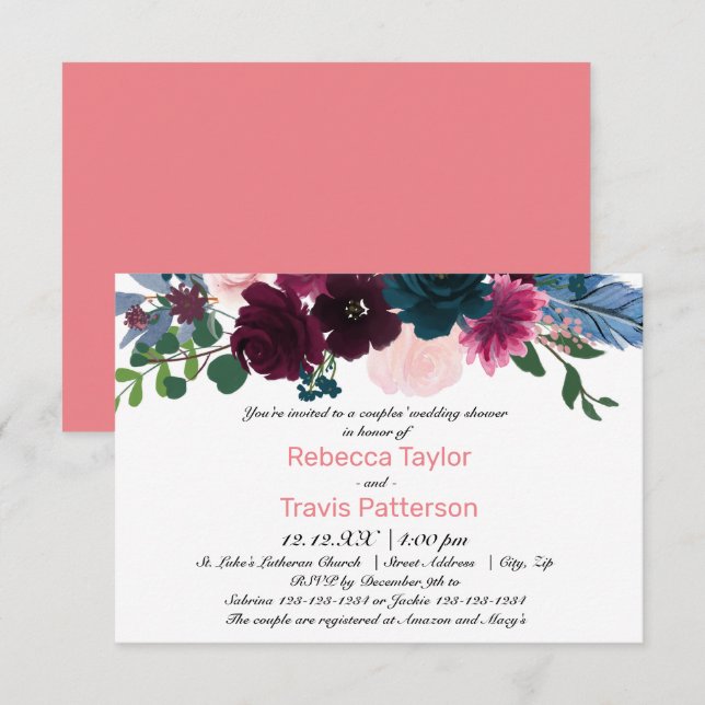 Invitation Fleurs florales rose - Wedding shower 3x5 Couples (Devant / Derrière)