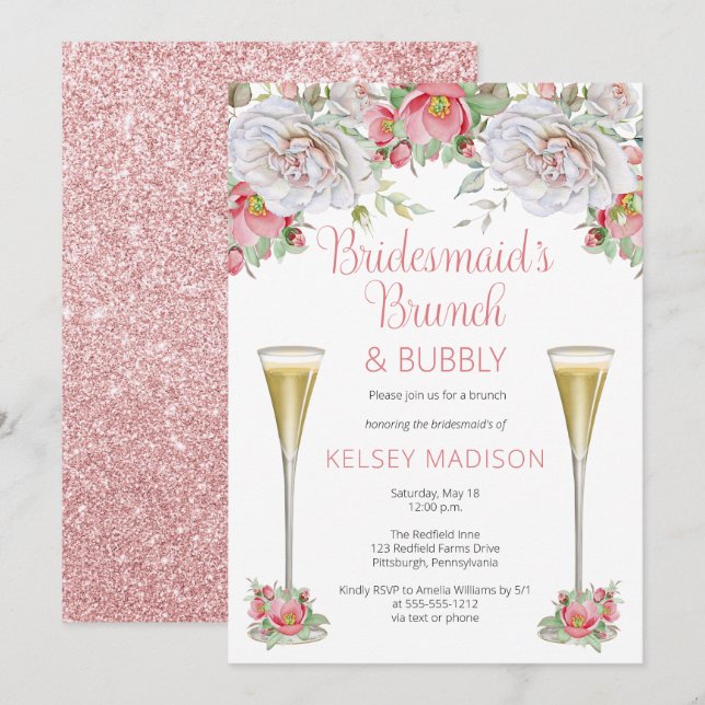Invitation Fleurs florales roses Brunch & Bubbly (Devant / Derrière)