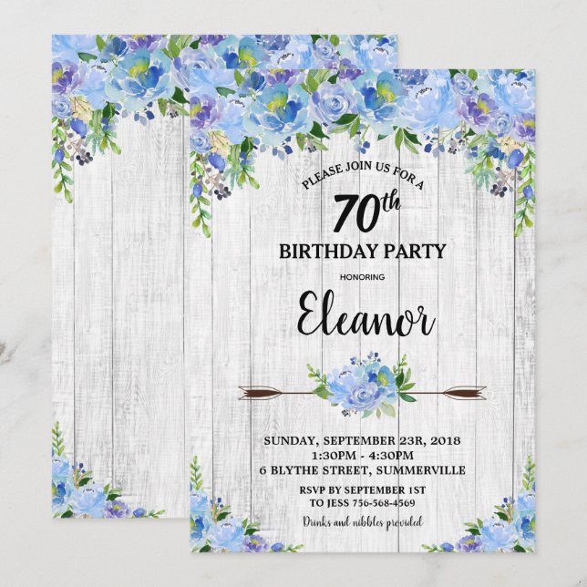 Invitation Fleurs florales rustiques Bleues 70e anniversaire (Devant / Derrière)