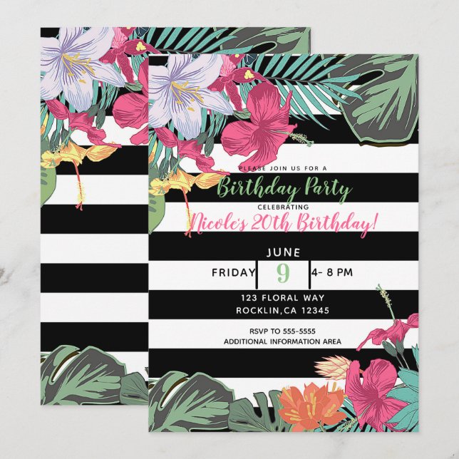 Invitation Fleurs florales tropicales Feuilles Blancs noirs (Devant / Derrière)