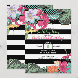 Invitation Fleurs Florales Tropicales Feuilles Rayures Noir B
