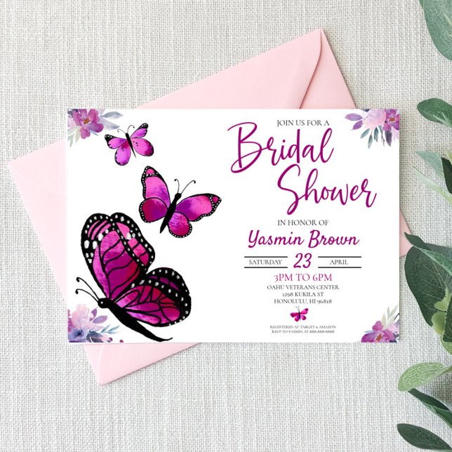 Invitation Fleurs florales violettes Fête des mariées papillo (Créateur téléchargé)