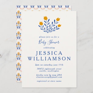 Invitation Fleurs folk mignonnes Scandi en Baby shower bleu