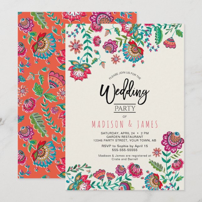 Invitation Fleurs folk orange vif mariage floral (Devant / Derrière)