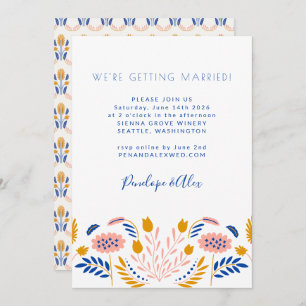 Invitation Fleurs folk Scandi Mariage Décontracté bleu Jaune