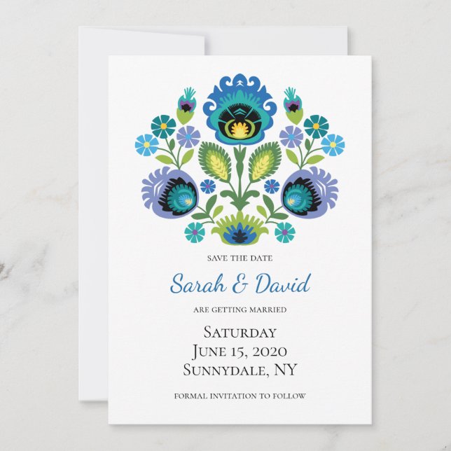 Invitation Fleurs folkloriques polonaises Turquoise bleu Enre (Devant)