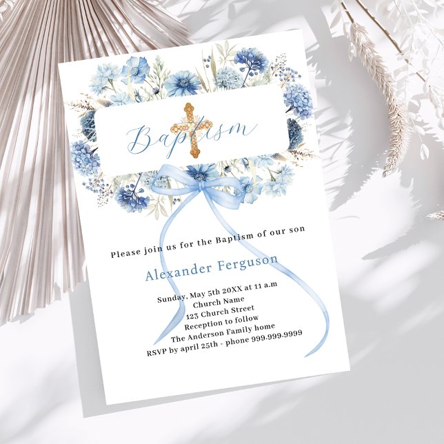 Invitation Fleurs garçon croix de baptême ruban bleu (Créateur téléchargé)