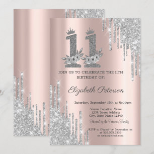 Invitation Fleurs Gouttes d'Argent Rose Or 11e Anniversaire 