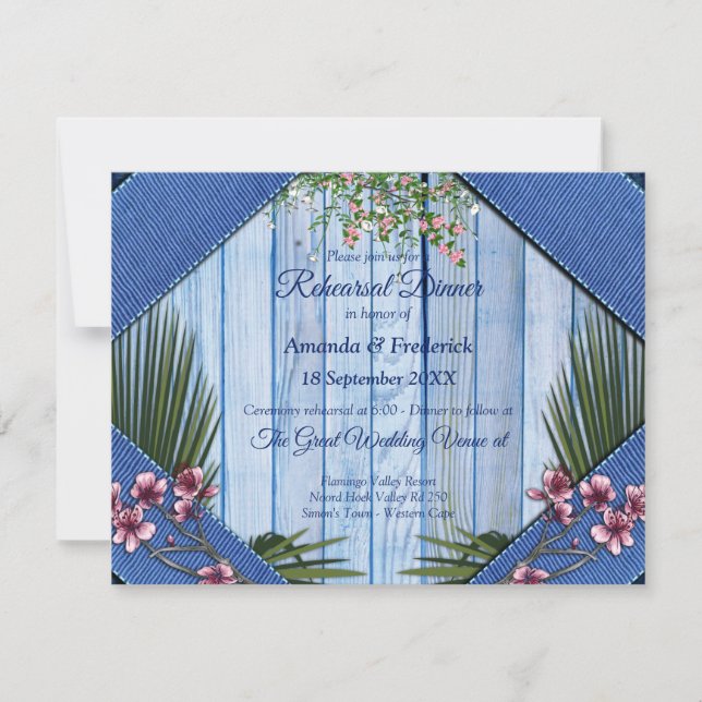 Invitation Fleurs graphiques roses sur tissu en bois bleu (Devant)