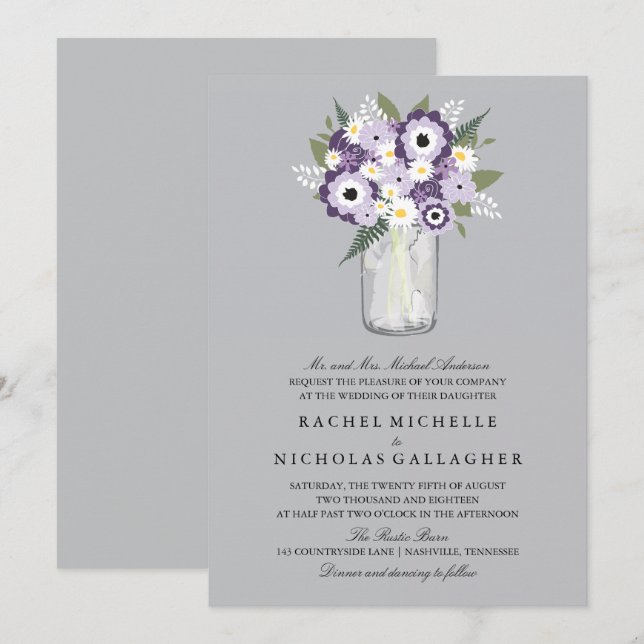 Invitation Fleurs Gris Violet Mason Jar | MARIAGE (Devant / Derrière)