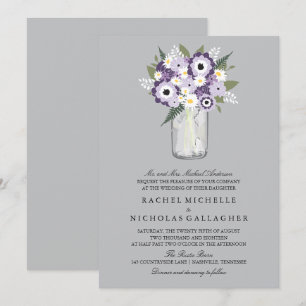 Invitation Fleurs Gris Violet Mason Jar   MARIAGE