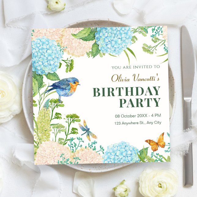 Invitation Fleurs Hydrangea Oiseau Papillon anniversaire (Créateur téléchargé)