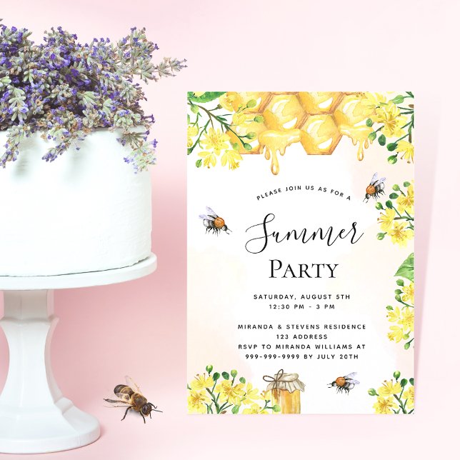 Invitation Fleurs jaunes abeilles nid d'abeille fête d'été (Créateur téléchargé)