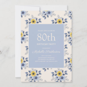 Invitation Fleurs jaunes bleu foncé Blanc 80e anniversaire