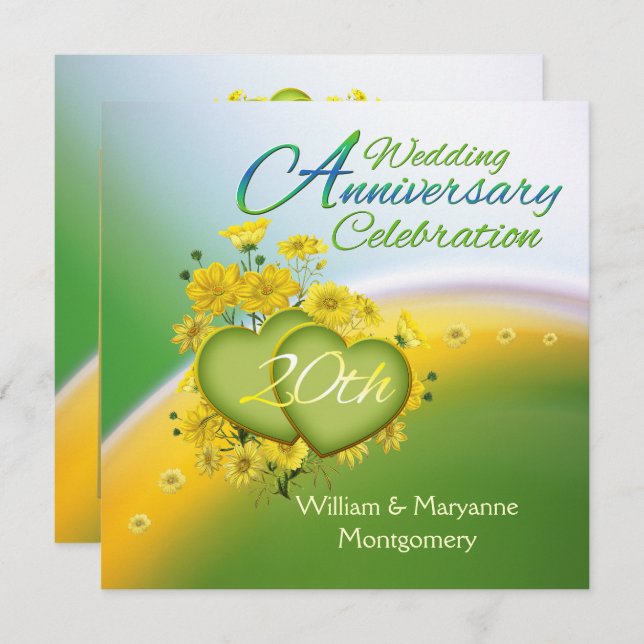 Invitation Fleurs Jaunes Coeurs 20e anniversaire fête (Devant / Derrière)