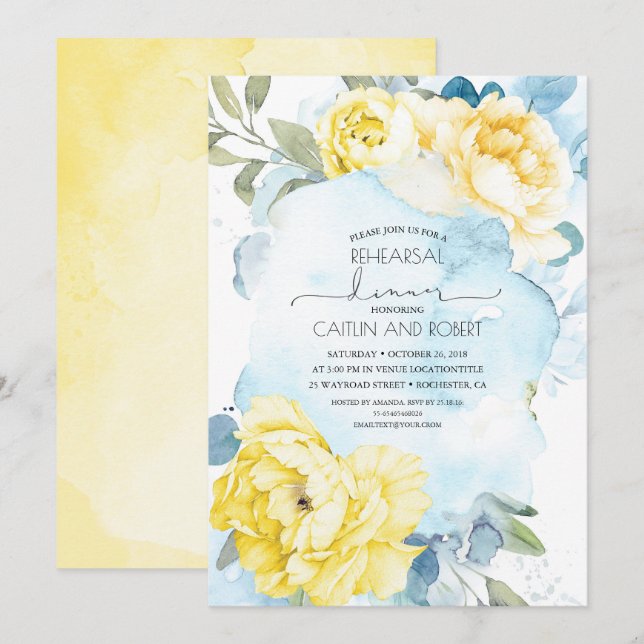 Invitation Fleurs Jaunes Dusty Bleu Élégant Dîner De Répétiti (Devant / Derrière)