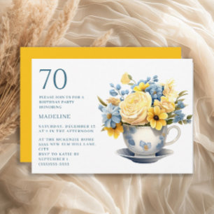 Invitation Fleurs jaunes et bleues de tasse à thé pour 70e an