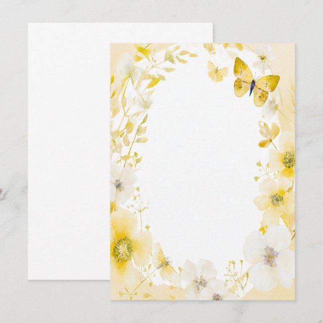 Invitation Fleurs jaunes et papillons blanc mariage (Devant / Derrière)