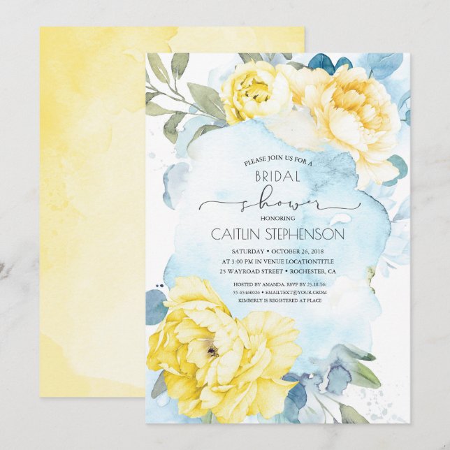 Invitation Fleurs Jaunes Fête des mariées de verdure bleu fon (Devant / Derrière)