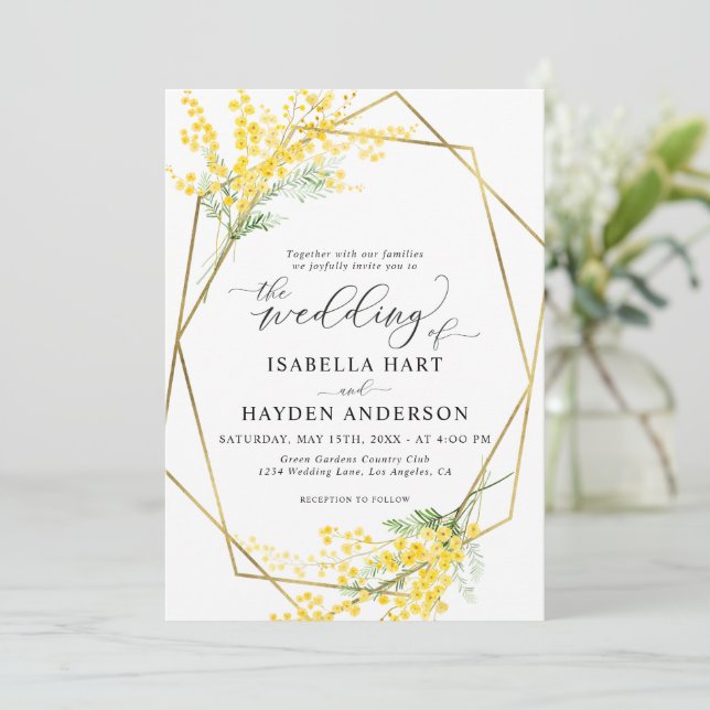 Invitation Fleurs Jaunes Mariage Or Floral Doré (Debout devant)
