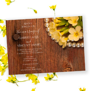 Invitation Fleurs Jaunes, Perles, Mariage campagnard En Bois 
