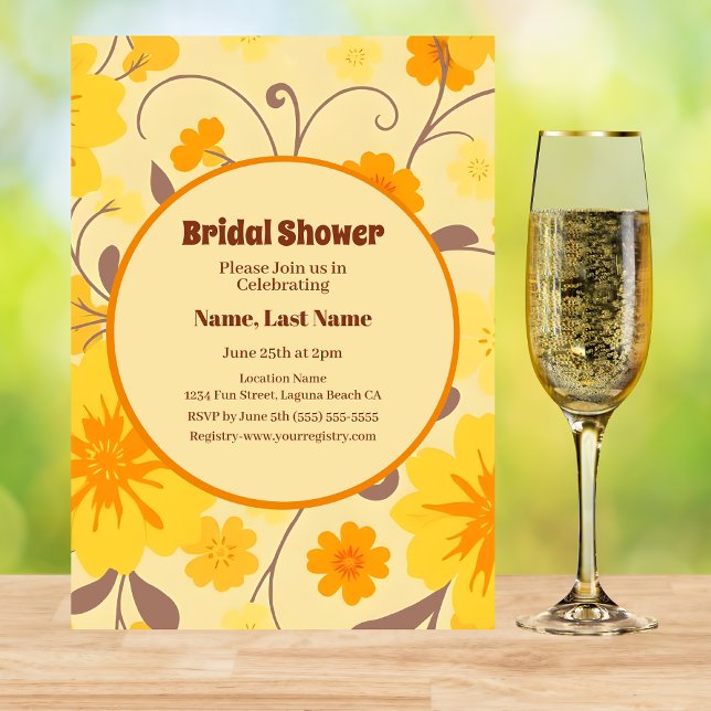Invitation Fleurs Jaunes Rétro-Fête des mariées (Retro Flowers-Yellow, Orange, Mocha Mousse Bridal Shower Invitation)