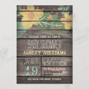 Invitation Fleurs jaunes sur Baby shower de bois rustique