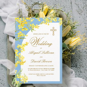 Invitation Fleurs jaunes sur bleu clair Mariage religieux