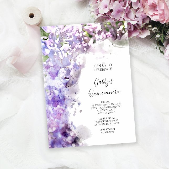 Invitation Fleurs Lilac violet Aquarelle Quinceanera Party (Créateur téléchargé)
